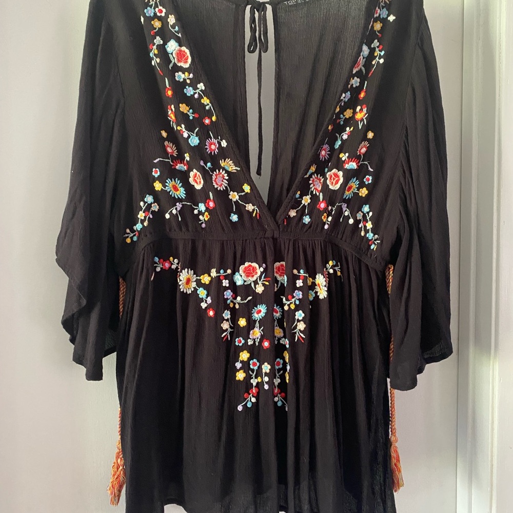 Topshop Black swim suit cover up with Vibrant Floral Embroidery Boho Style
